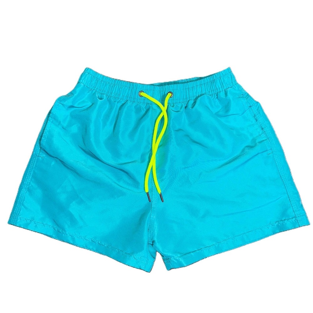 Small Teal Swim Trunks Board Shorts Mesh Liner Pockets Neon Drawstring
